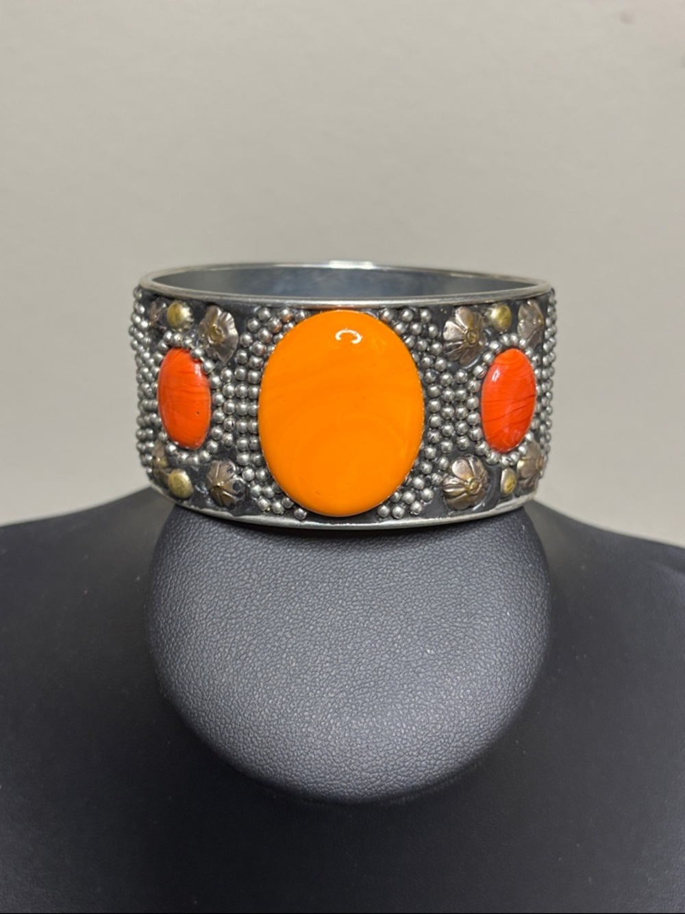 Silver-Tone Cuff Bracelet with Bright Orange Cabochons